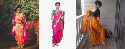Collage showing various traditional Nauvari saree draping styles from Maharashtra — including Kasta, Brahmani, Kolhapuri, Peshwai, and Varkari — each reflecting the unique identity, function, and cultural expression of different communities.